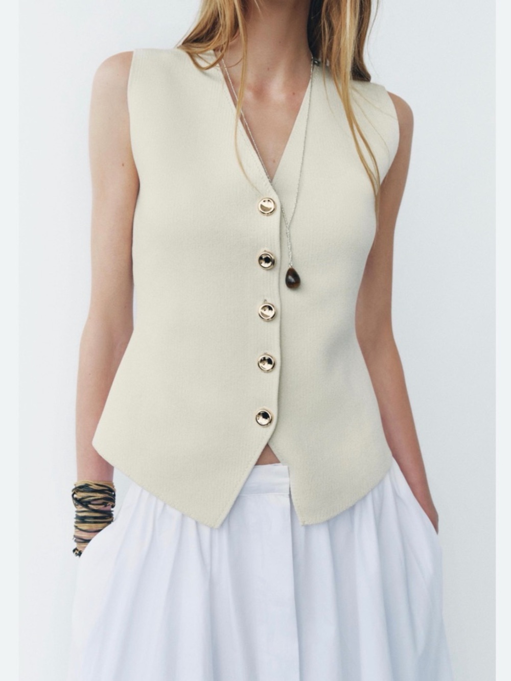 Zara Cream V-Neck Button Knit Vest with Gold Buttons
